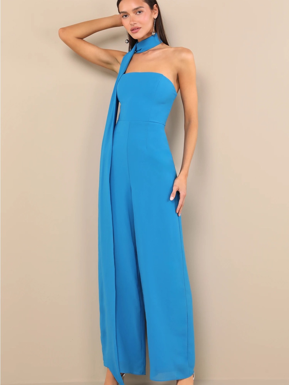 Lulu's Kavina Strapless Wide-Leg Jumpsuit with Long Scarf in Turquoise Blue - L
